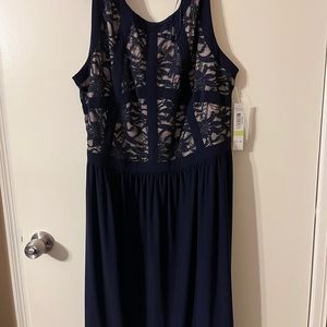 R & M Richards navy/ taupe dress with blue shimmer